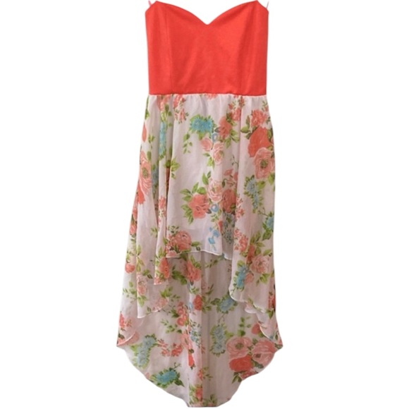 ⭐️ Summer Coral/White Floral Strapless Sheer Sweetheart Flowing Dress - Picture 1 of 14